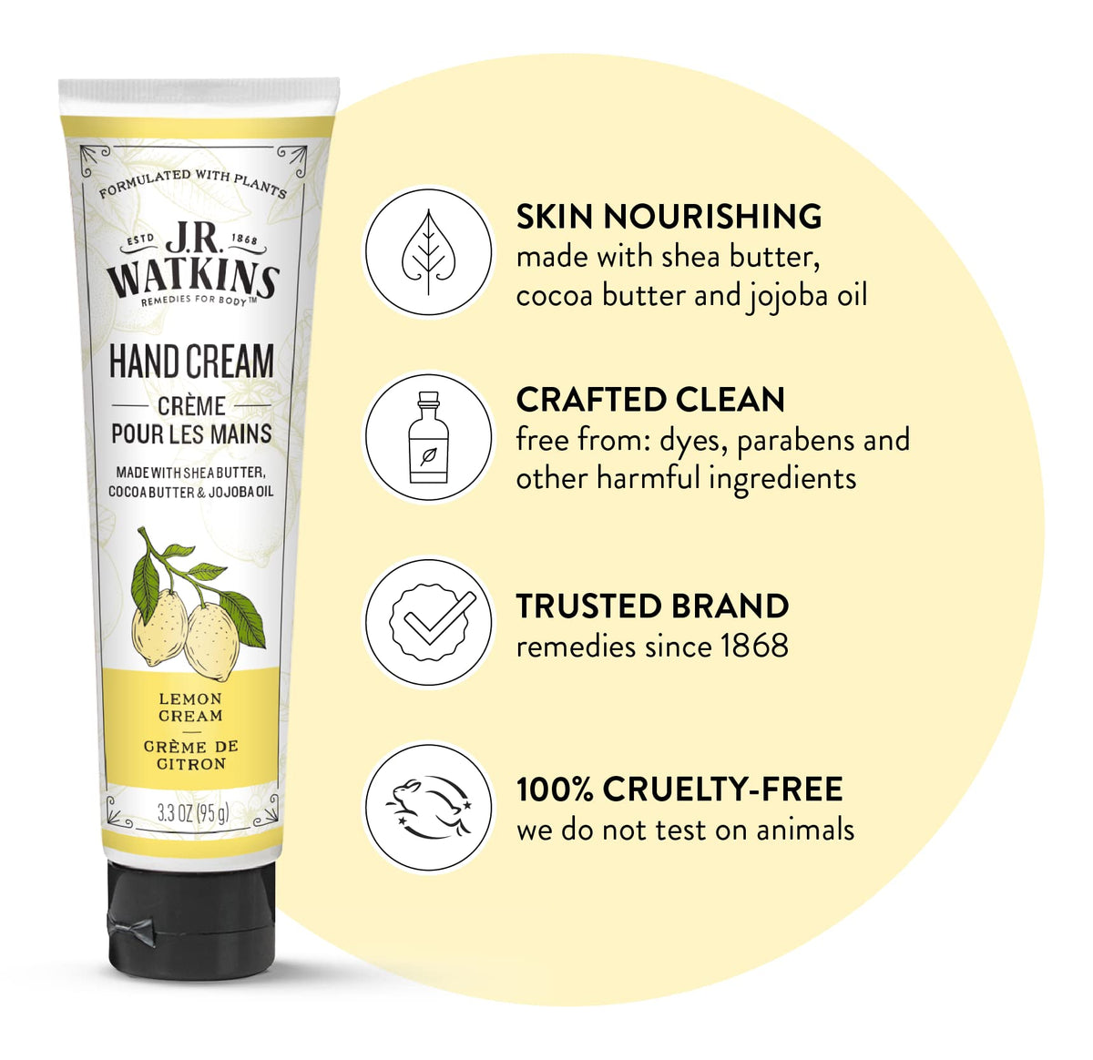J.R. Watkins tube squeezed to show smooth lemon cream texture and quick absorption