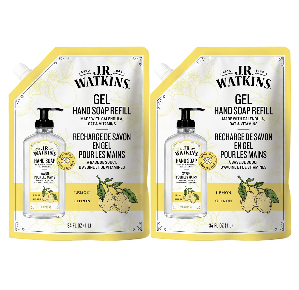 J.R. Watkins front packaging showing 34 fl oz lemon refill and eco benefit