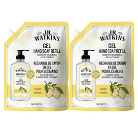 J.R. Watkins front packaging showing 34 fl oz lemon refill and eco benefit