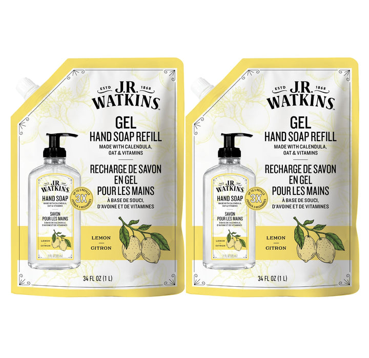 J.R. Watkins front packaging showing 34 fl oz lemon refill and eco benefit