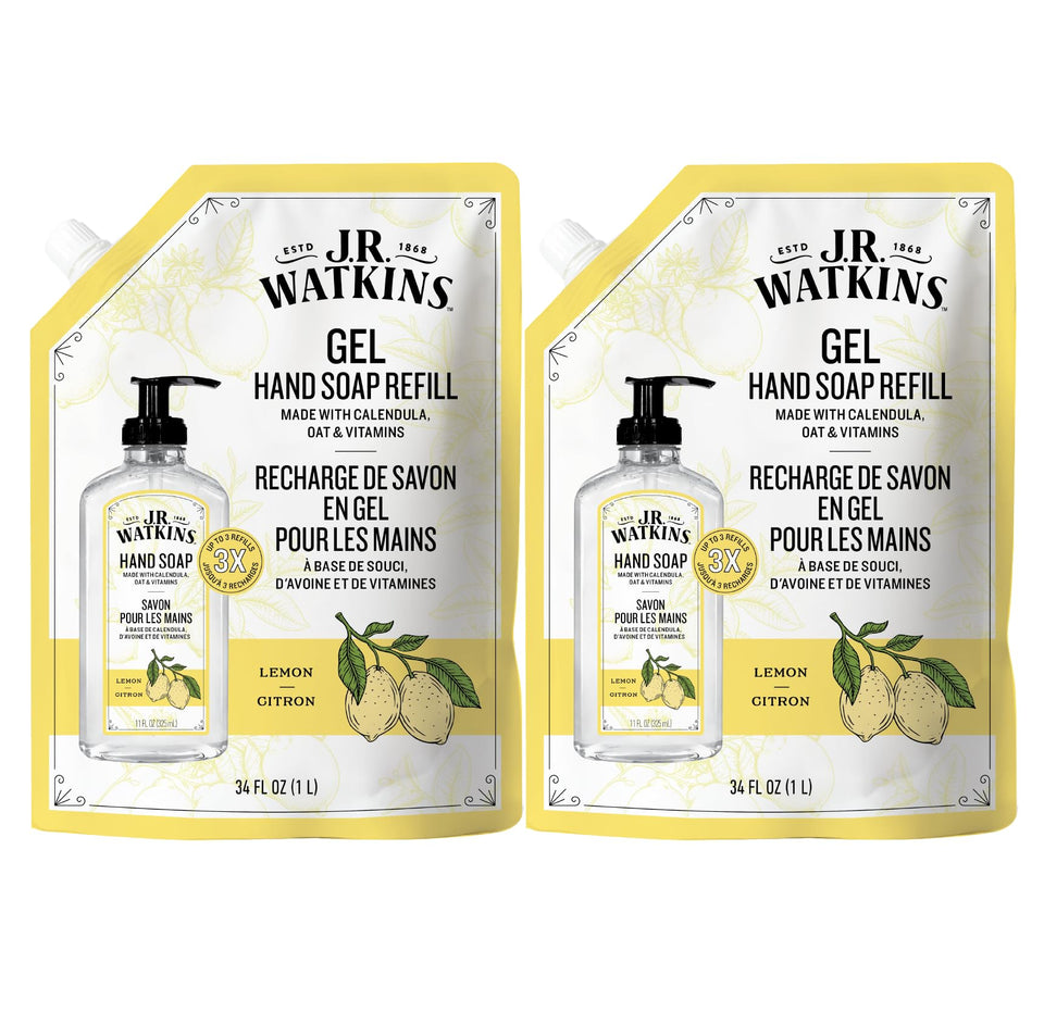 J.R. Watkins front packaging showing 34 fl oz lemon refill and eco benefit