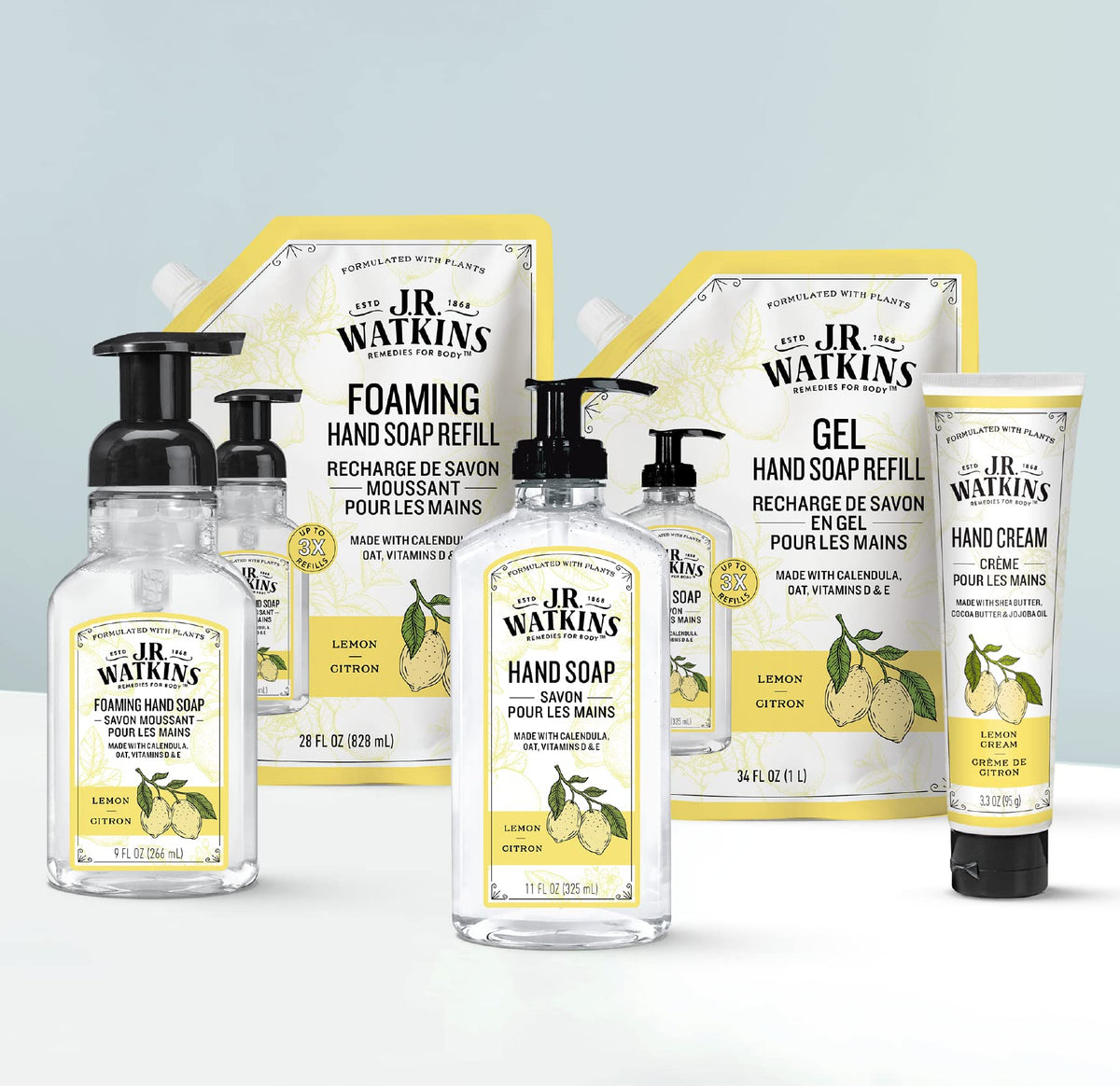 J.R. Watkins filled dispenser in bathroom offering ready-to-use convenience