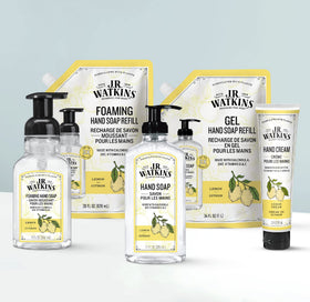 J.R. Watkins filled dispenser in bathroom offering ready-to-use convenience