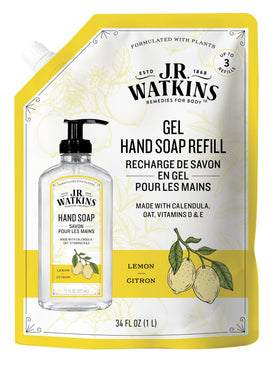 J.R. Watkins front packaging showing lemon refill and clear labeling benefit