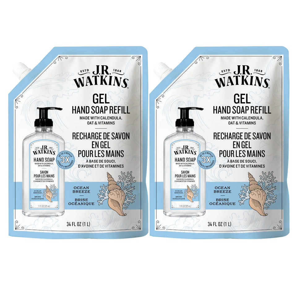 J.R. Watkins front packaging showing Ocean Breeze refill and long-lasting value