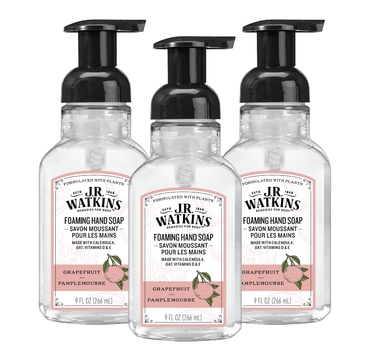 J.R. Watkins front packaging showing three grapefruit-scented pump bottles and benefits