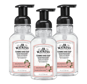 J.R. Watkins front packaging showing three grapefruit-scented pump bottles and benefits