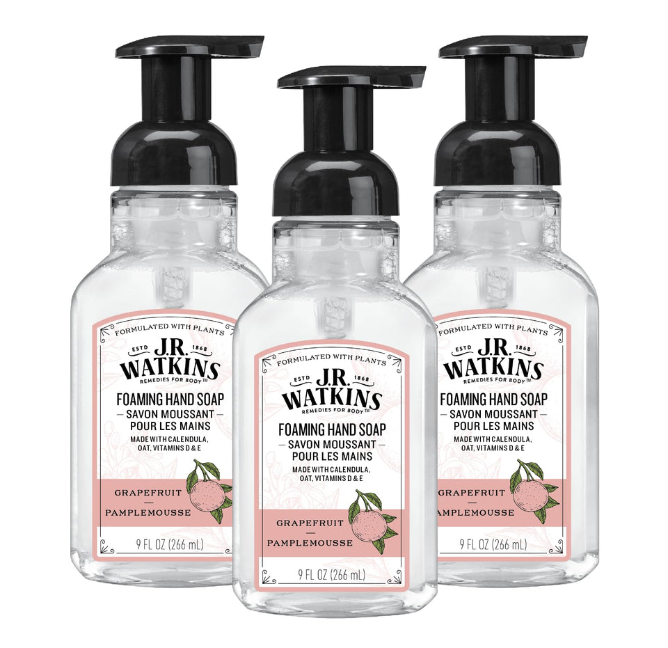 J.R. Watkins front packaging showing three grapefruit-scented pump bottles and benefits