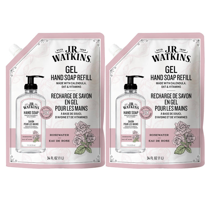 J.R. Watkins front packaging of rosewater refill pouch showing size and brand benefit