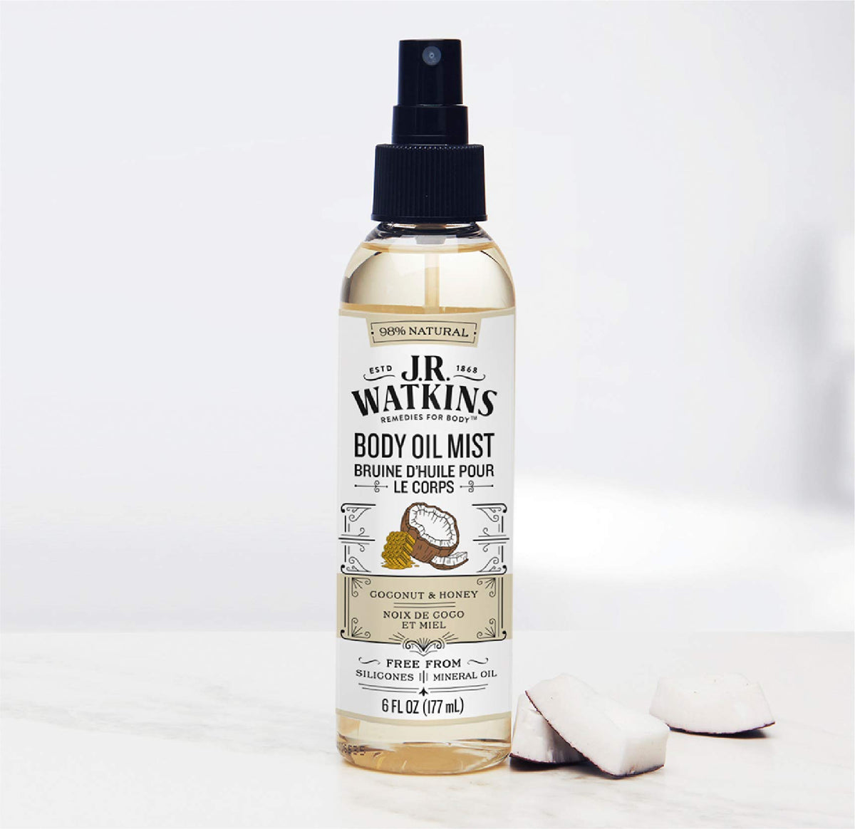 J.R. Watkins spray nozzle close-up delivering even mist for quick moisturizing