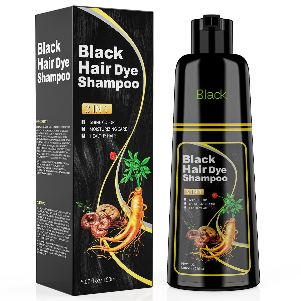 JUANCHI front packaging showing 150ML bottle and black shampoo benefits