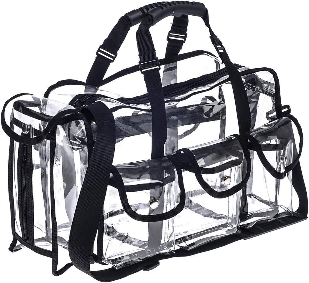 Jula Vance front view of clear bag showing organized contents and easy visibility