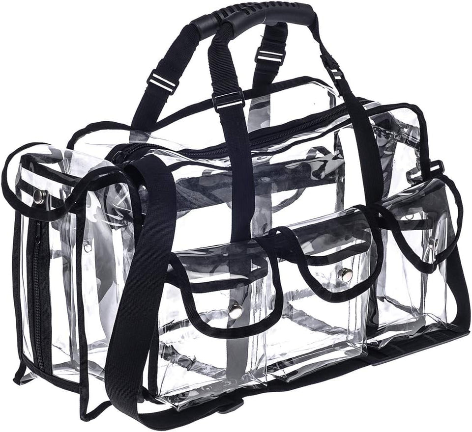 Jula Vance front view of clear bag showing organized contents and easy visibility