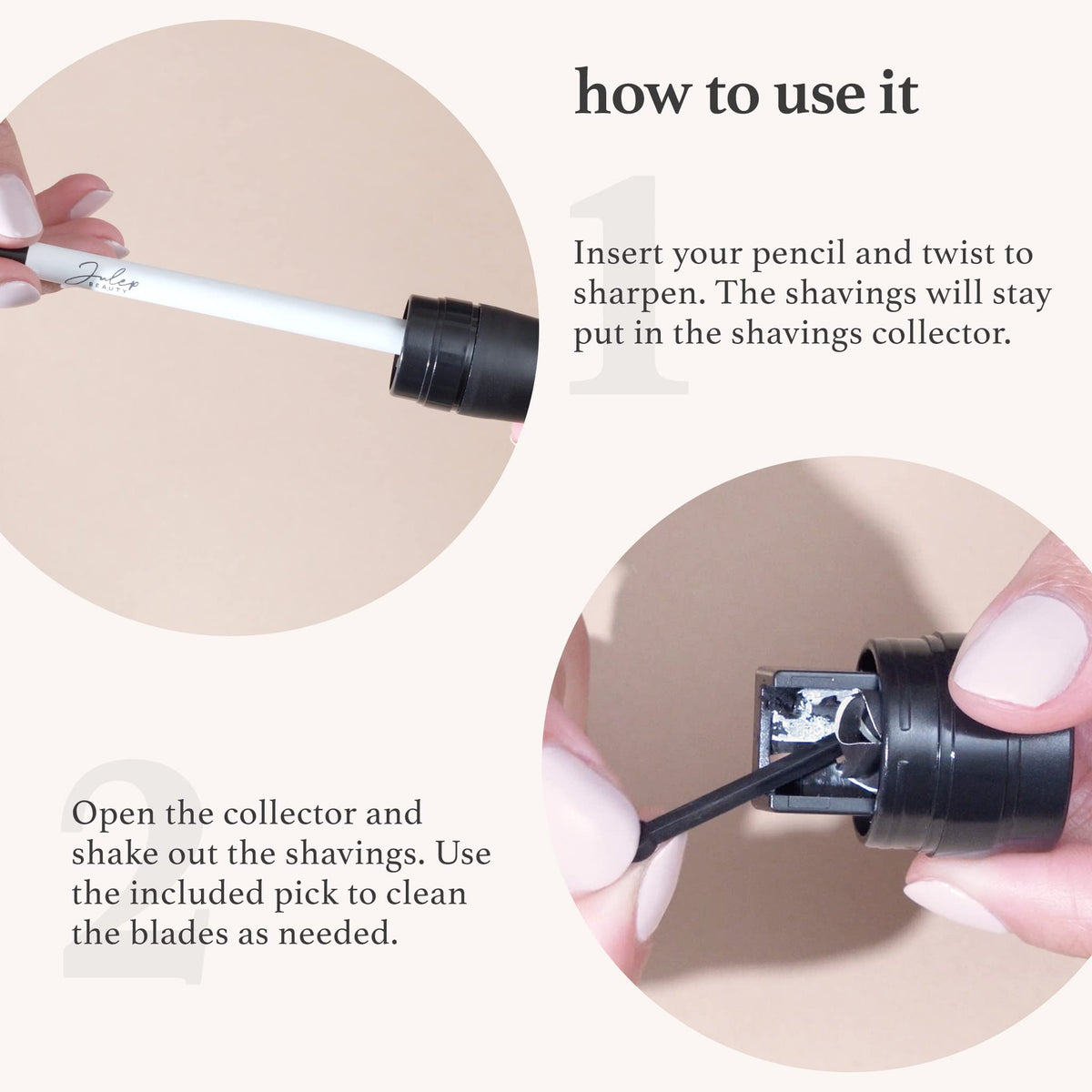 Julep open shavings chamber with collected pencil debris for mess-free travel