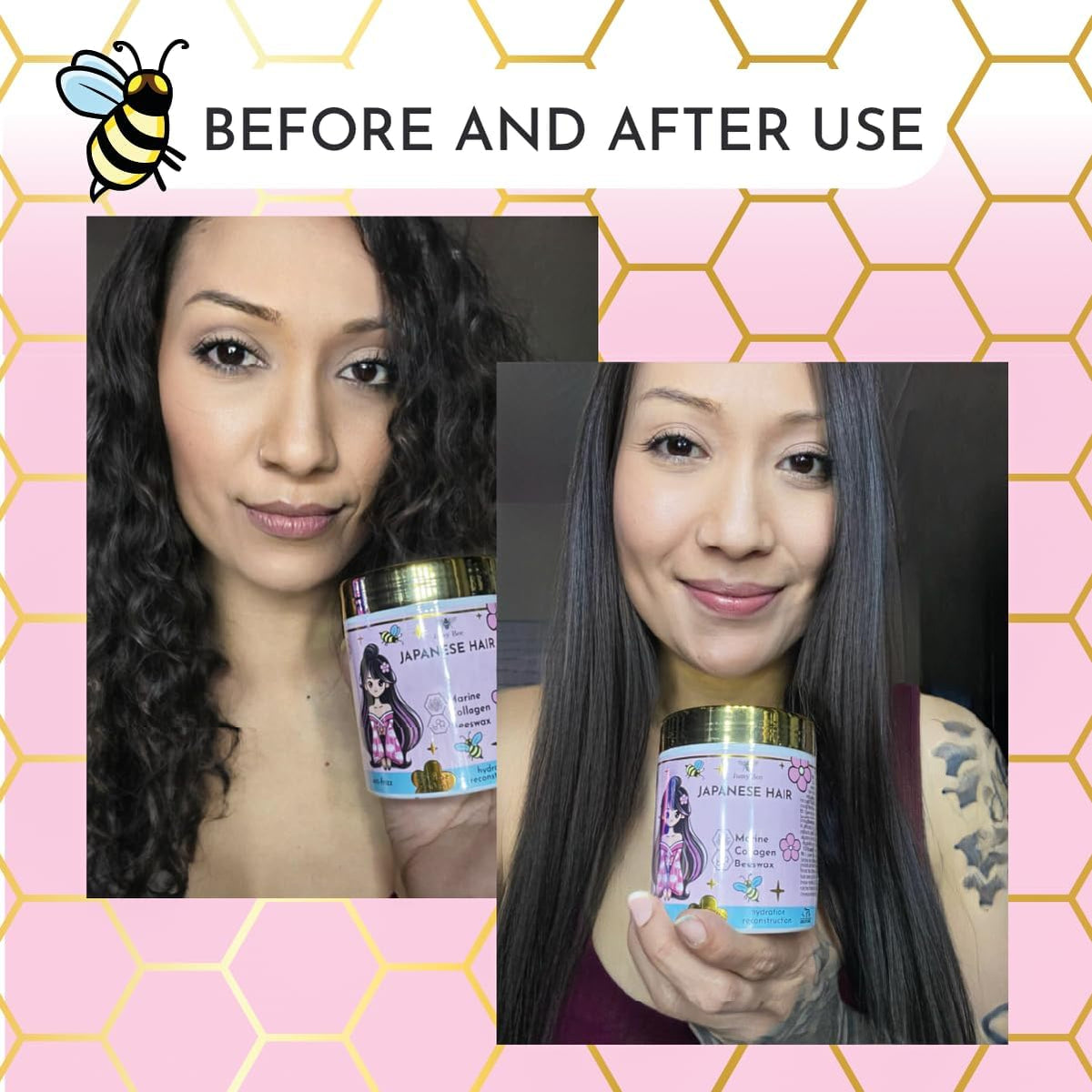Jumybee finished hair glowing under light to show frizz control