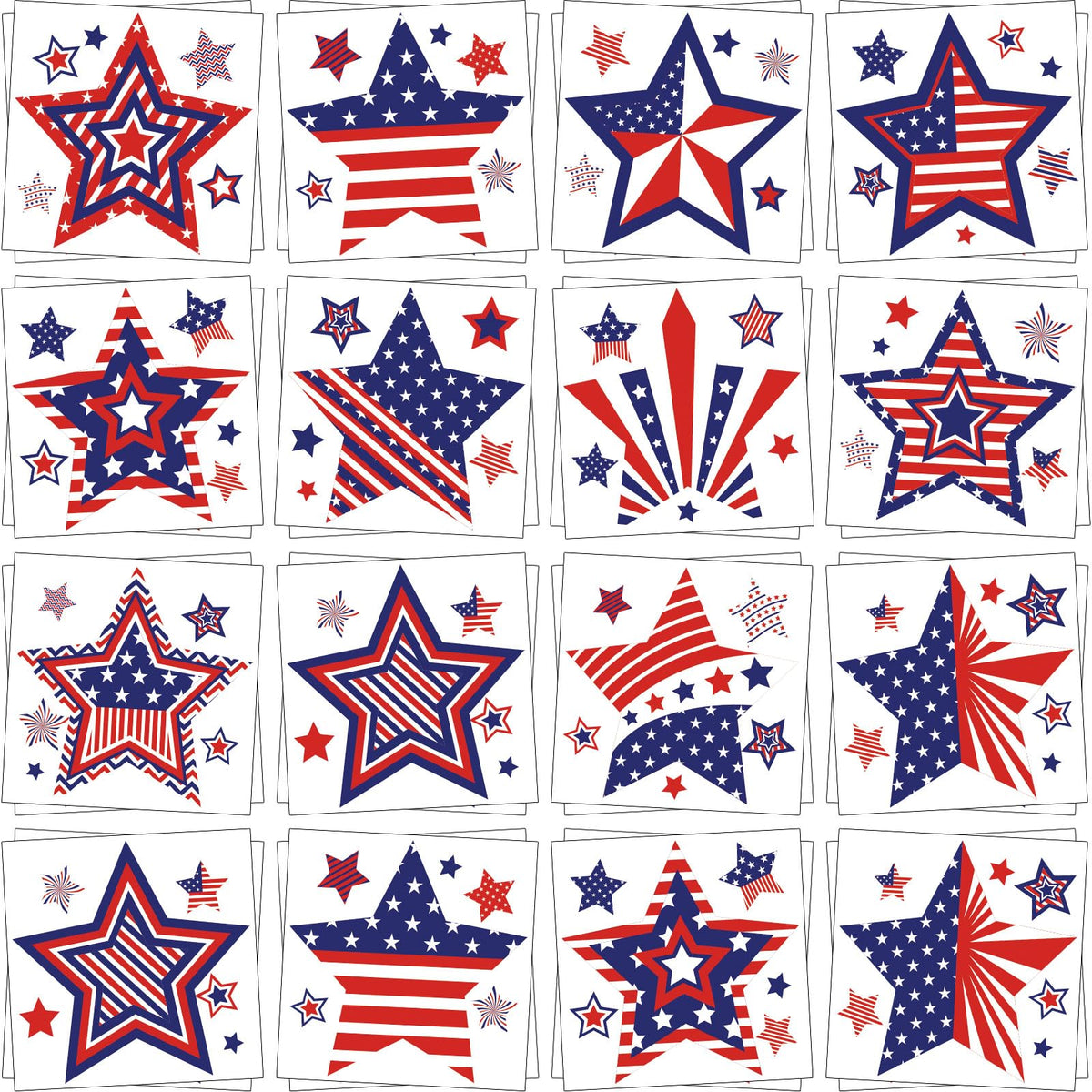 JUNEBRUSHS front sheet of 180 patriotic star tattoos showing variety and convenience