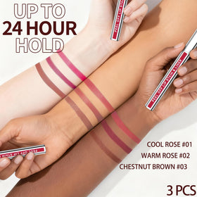 JUNECODE swatches of #01 #02 #03 on arm showing true color payoff