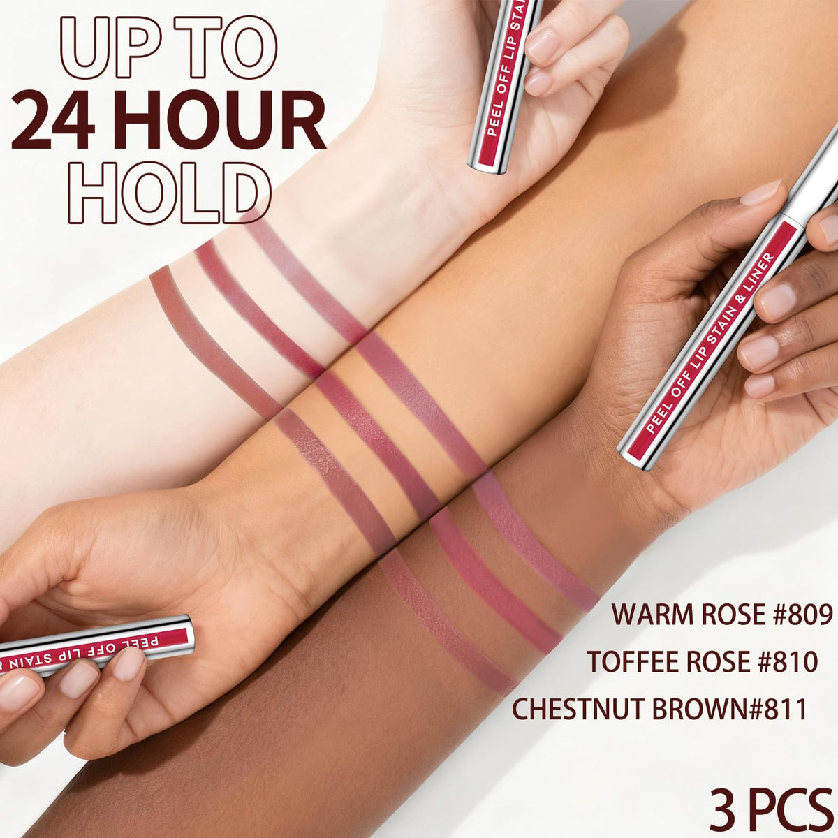 JUNECODE shade swatches 809 810 811 on arm demonstrating true pigment and mixability
