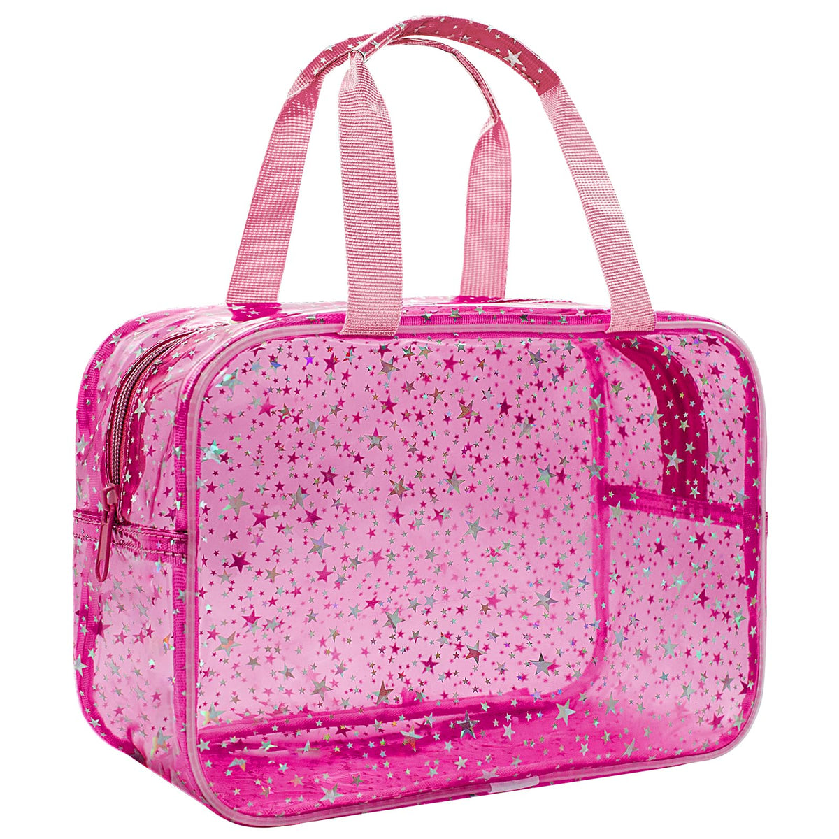 Junesters front view clear red star makeup bag shows easy visibility and organized storage