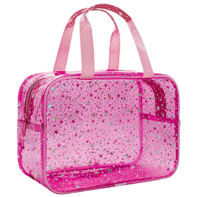 Junesters front view clear red star makeup bag shows easy visibility and organized storage