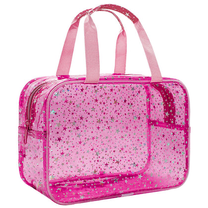 Junesters front view clear red star makeup bag shows easy visibility and organized storage