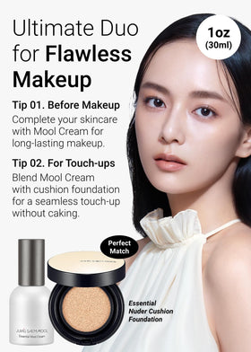 JUNG SAEM MOOL jar placed next to foundation and tools, shows makeup-prep advantage