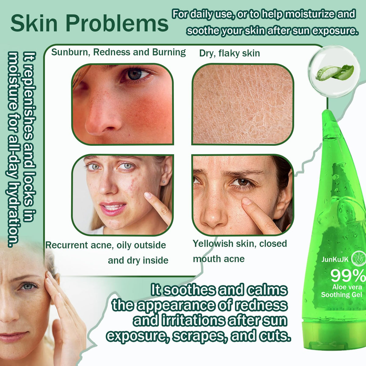JunKuJK aloe gel applied to hand to show easy spreadability and instant hydration