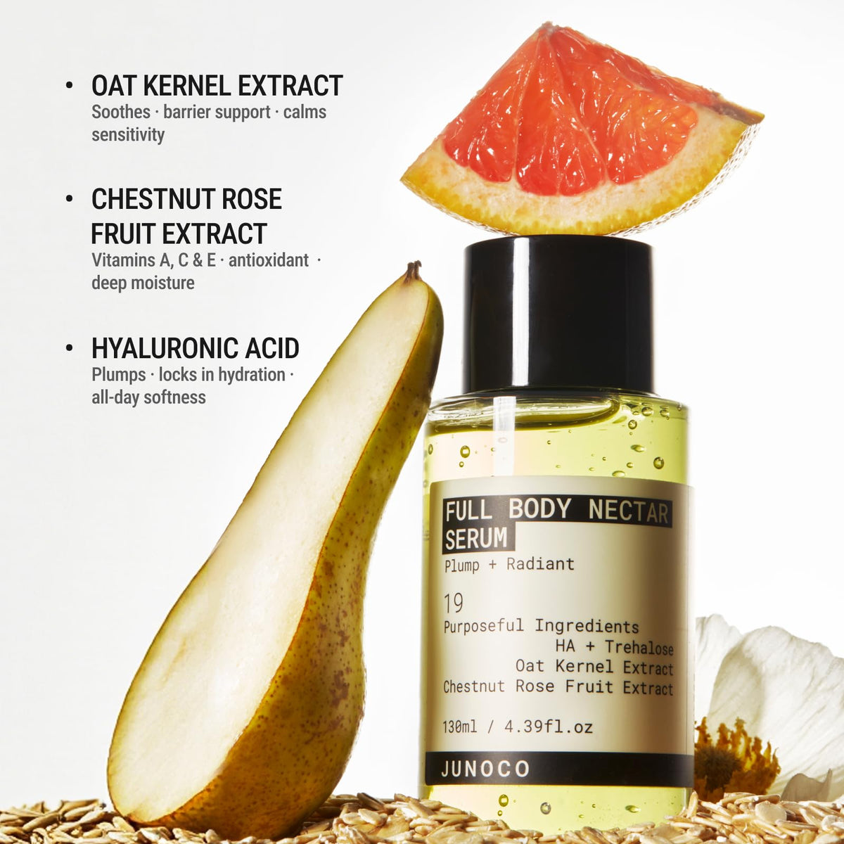 JUNO & Co. bottle styled on bathroom shelf suggesting daily routine use