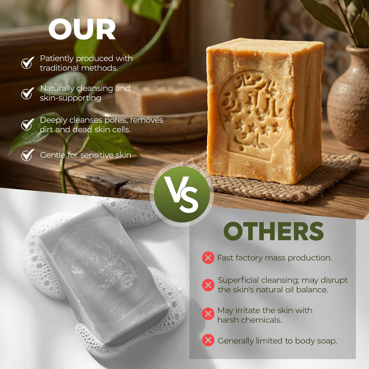 JUSIZA Aleppo soap styled on bathroom counter for minimalist routine benefit