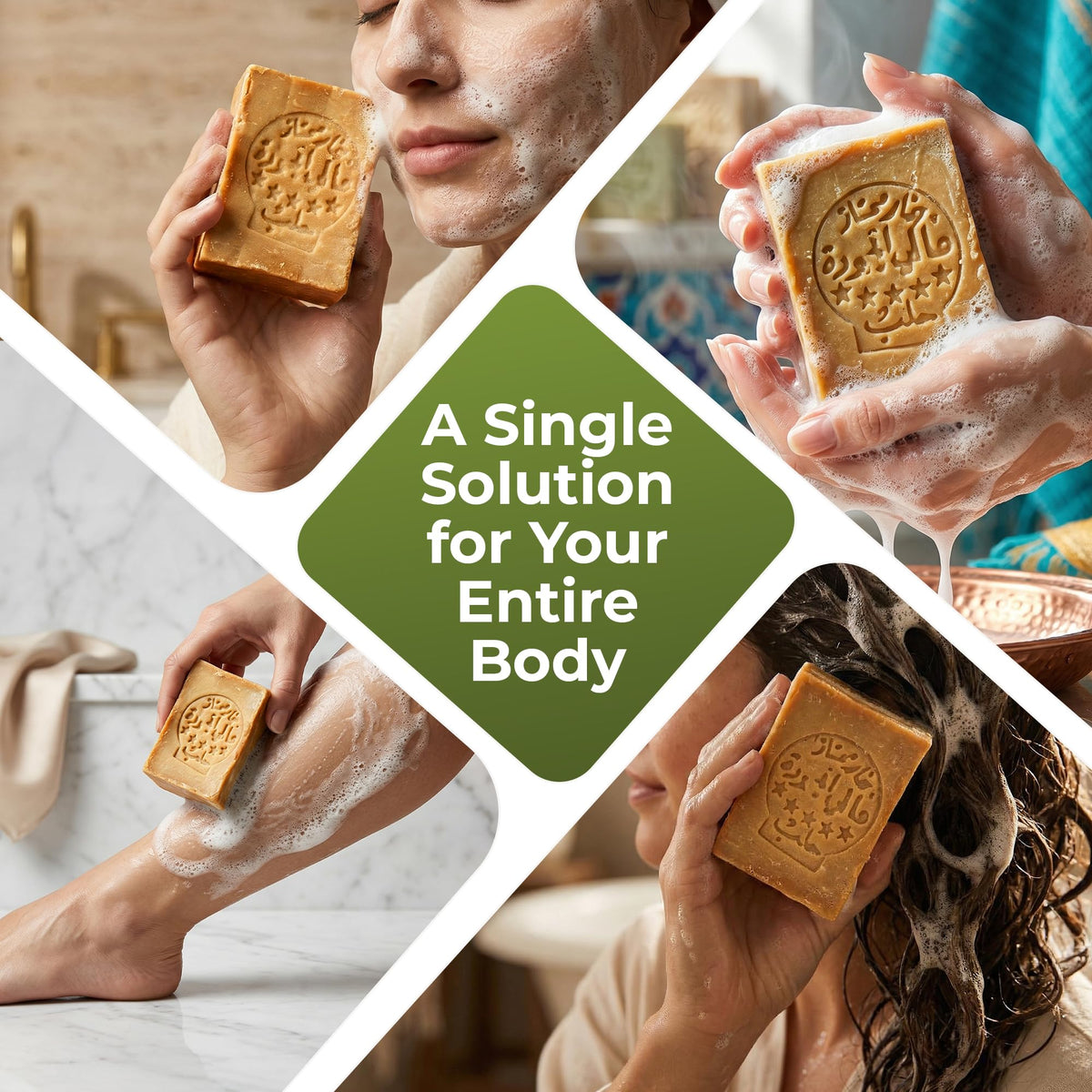 JUSIZA Aleppo soap held in hand showing size and travel-friendly benefit