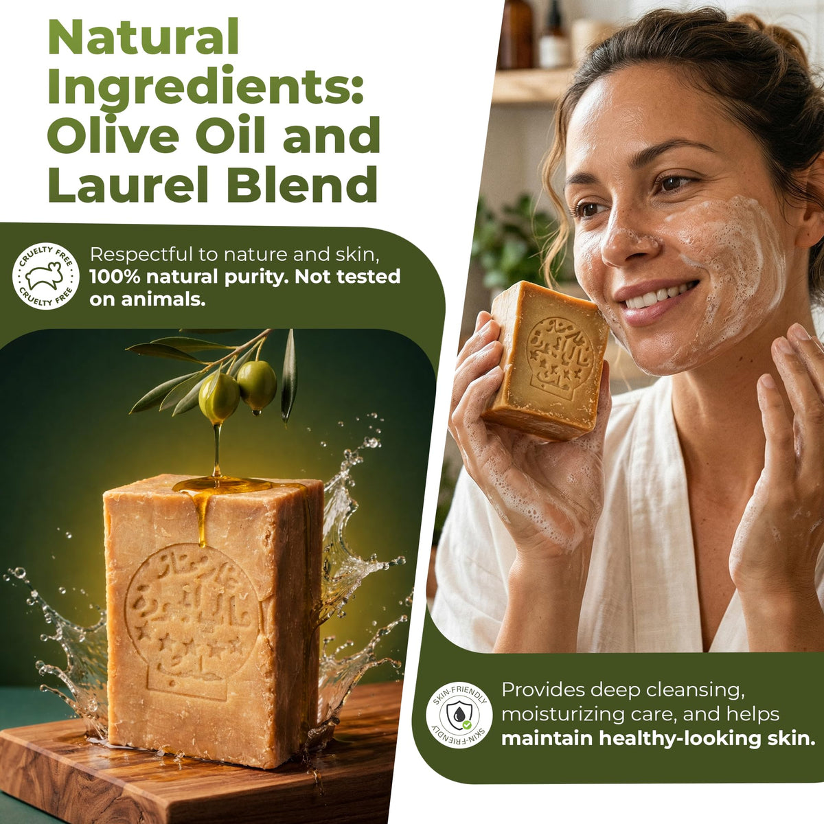 JUSIZA Aleppo soap label detail showing olive and laurel oil ingredients benefit