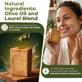 JUSIZA Aleppo soap label detail showing olive and laurel oil ingredients benefit