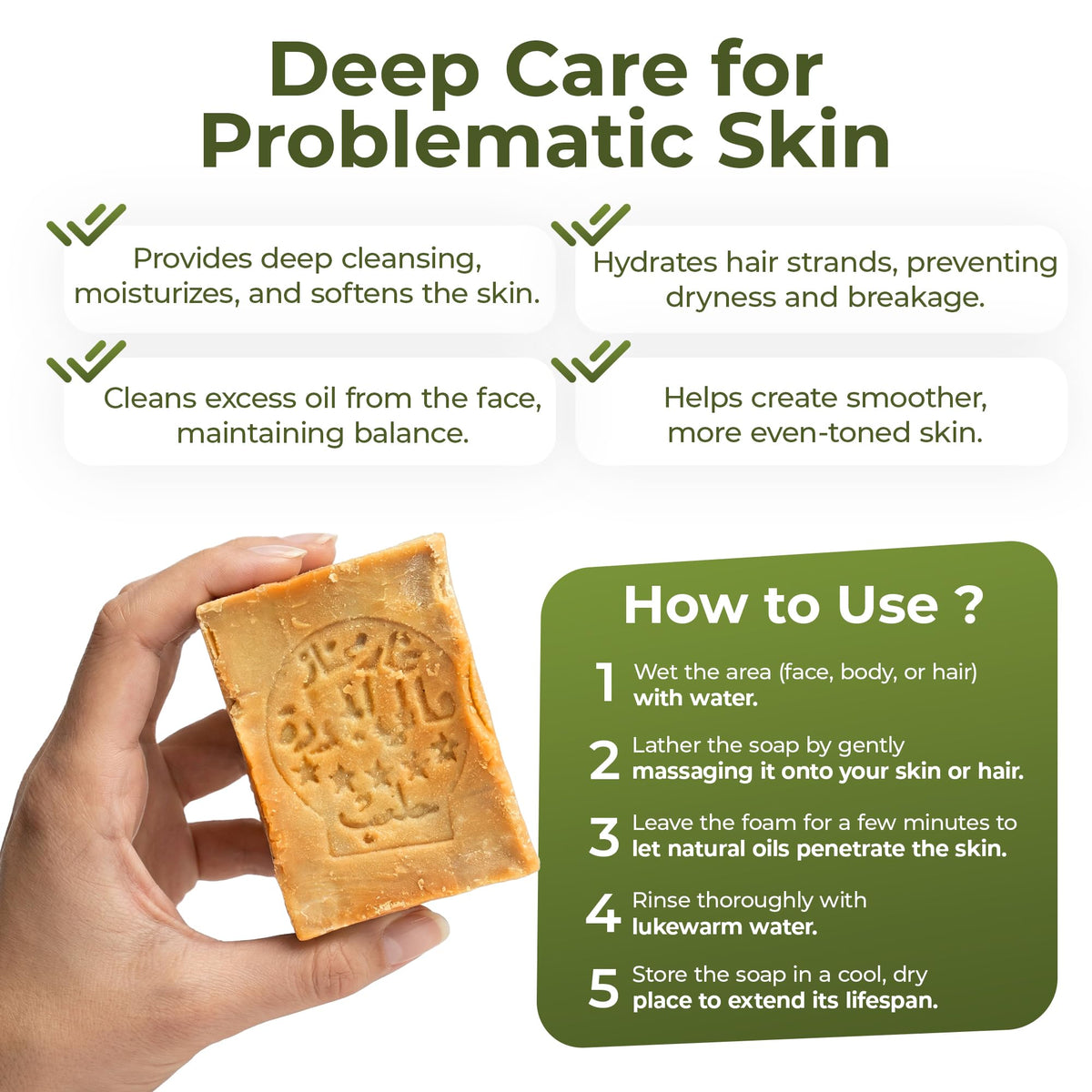 JUSIZA Aleppo soap creating creamy lather in palm for gentle cleansing benefit