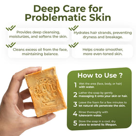 JUSIZA Aleppo soap creating creamy lather in palm for gentle cleansing benefit