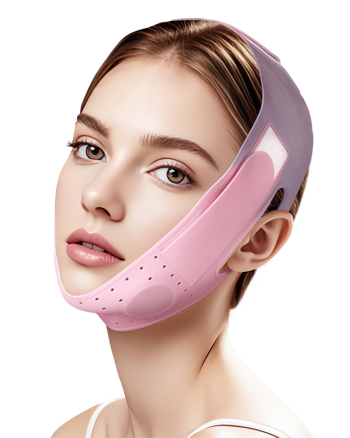 JUSMORE front view of pink silicone chin strap highlighting sleek fit and easy wear