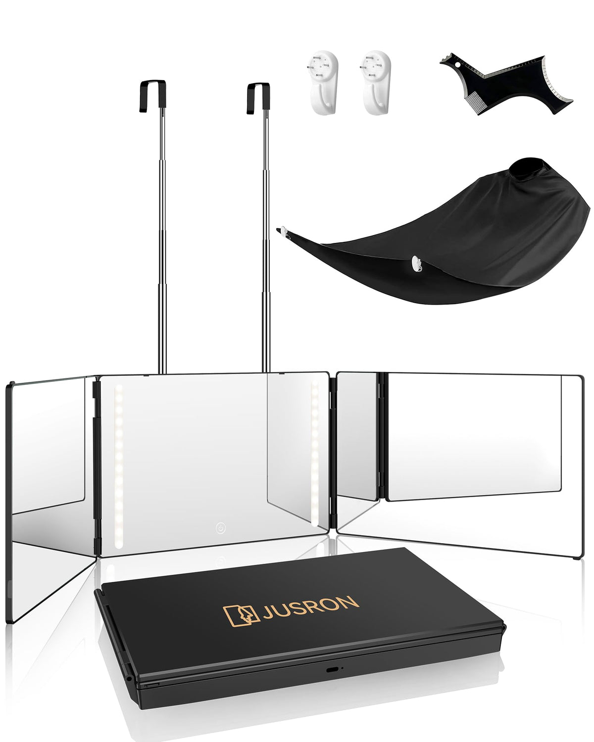 JUSRON front trifold mirror with LED showing full head view benefit
