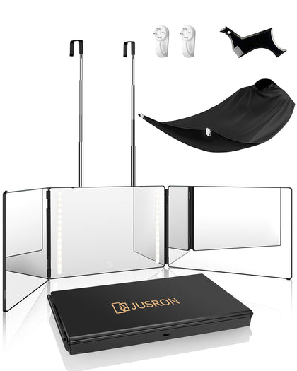 JUSRON front trifold mirror with LED showing full head view benefit