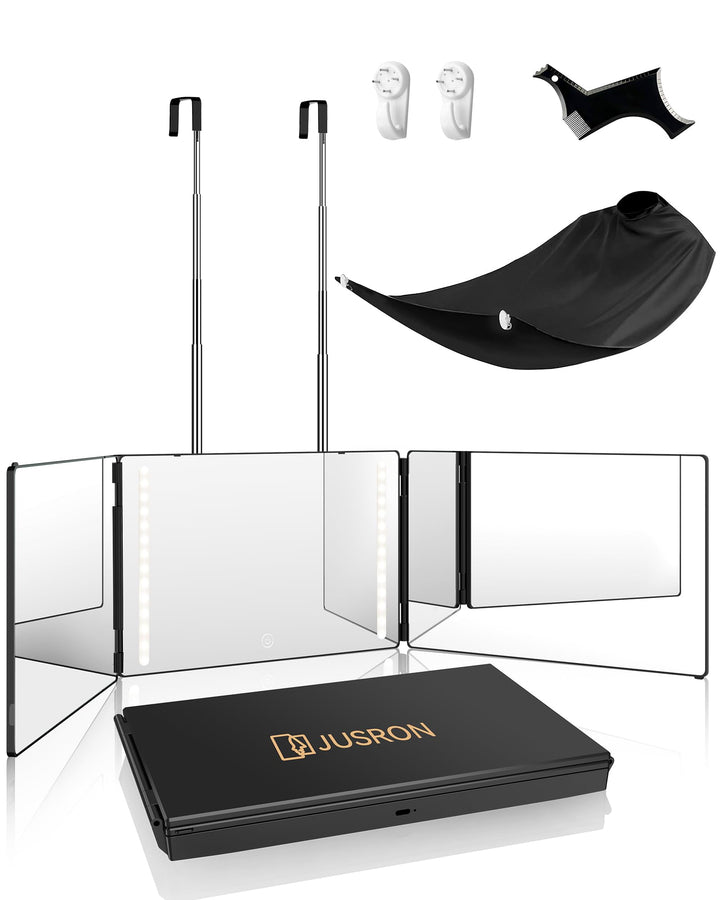 JUSRON front trifold mirror with LED showing full head view benefit
