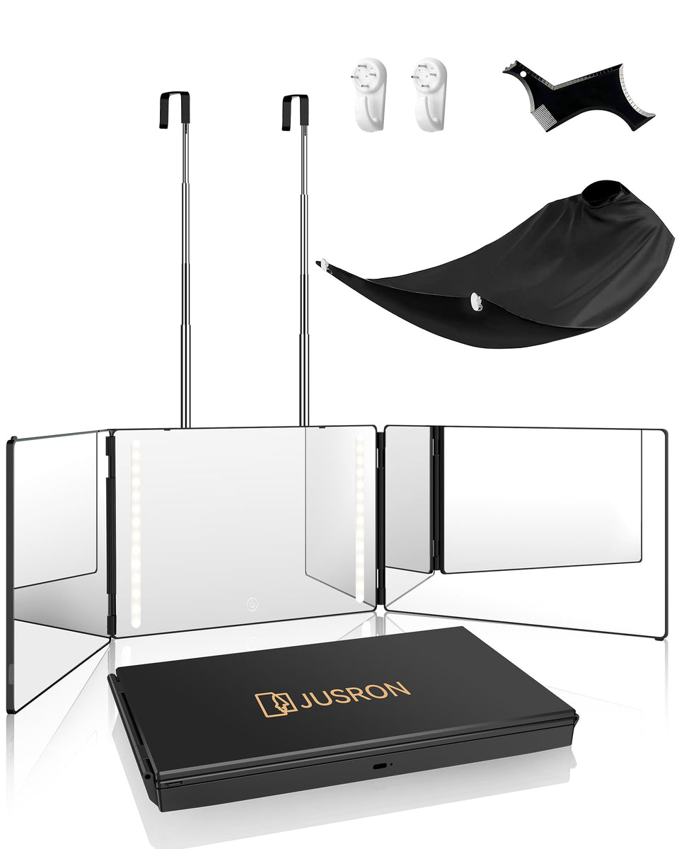 JUSRON front trifold mirror with LED showing full head view benefit