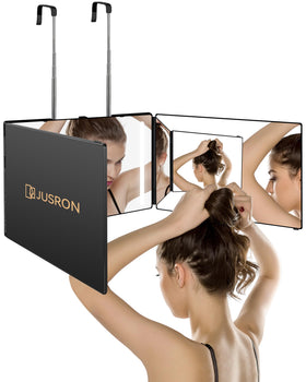 JUSRON front view showing three-panel mirror and benefits of full-angle visibility