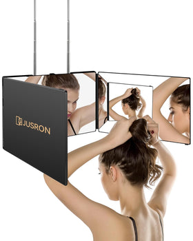 JUSRON front view black frame showing full three-panel mirror benefit