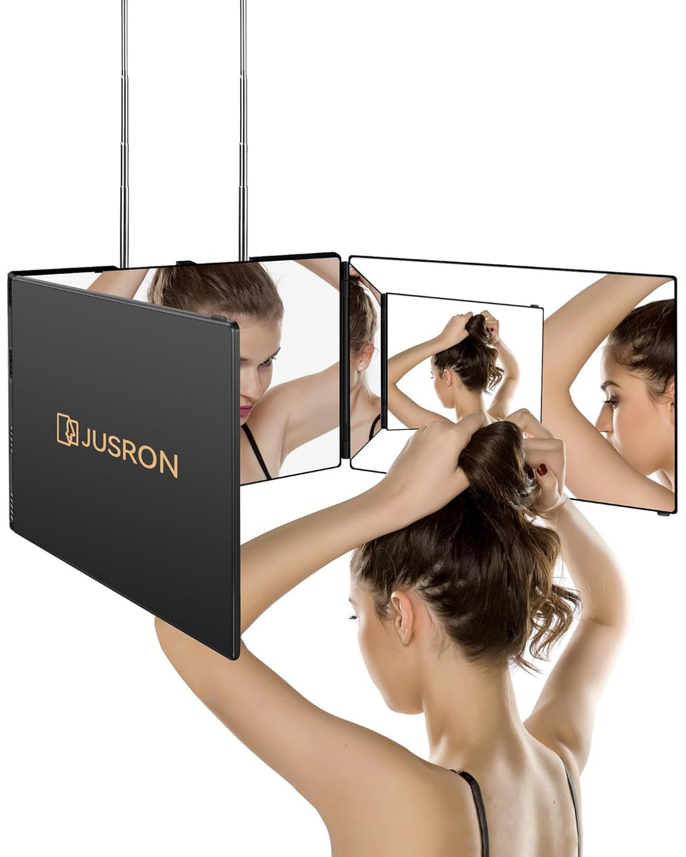 JUSRON front view black frame showing full three-panel mirror benefit