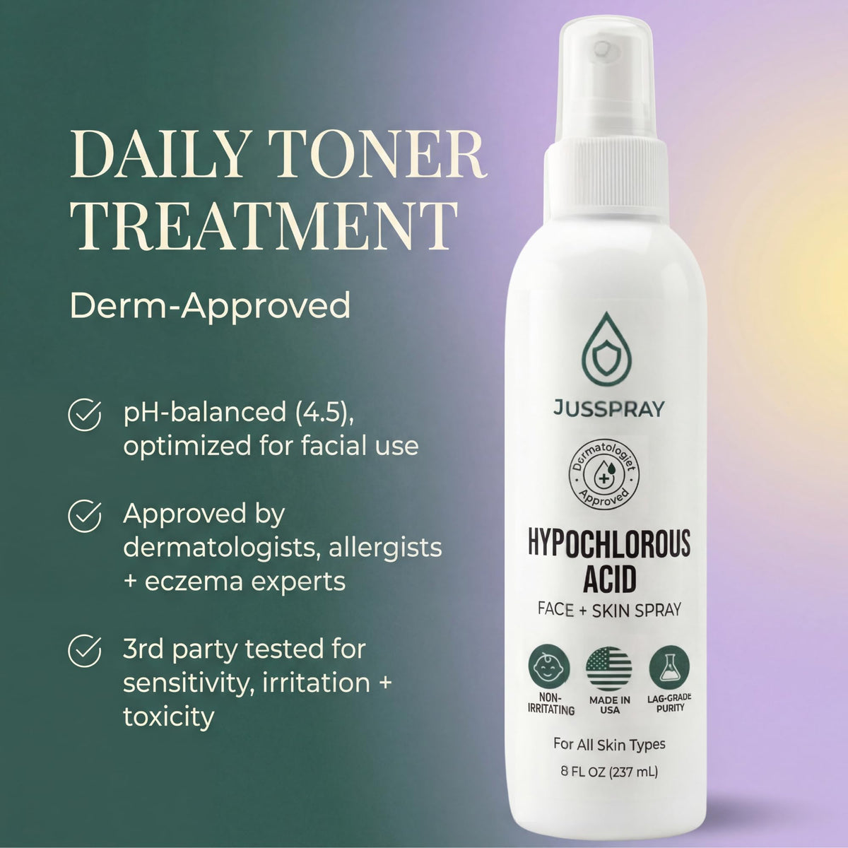 Jusspray bottle on bathroom shelf in lifestyle scene promoting daily routine integration