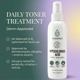 Jusspray bottle on bathroom shelf in lifestyle scene promoting daily routine integration
