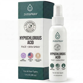Jusspray front packaging showing 4 oz bottle and clear label, promoting convenience