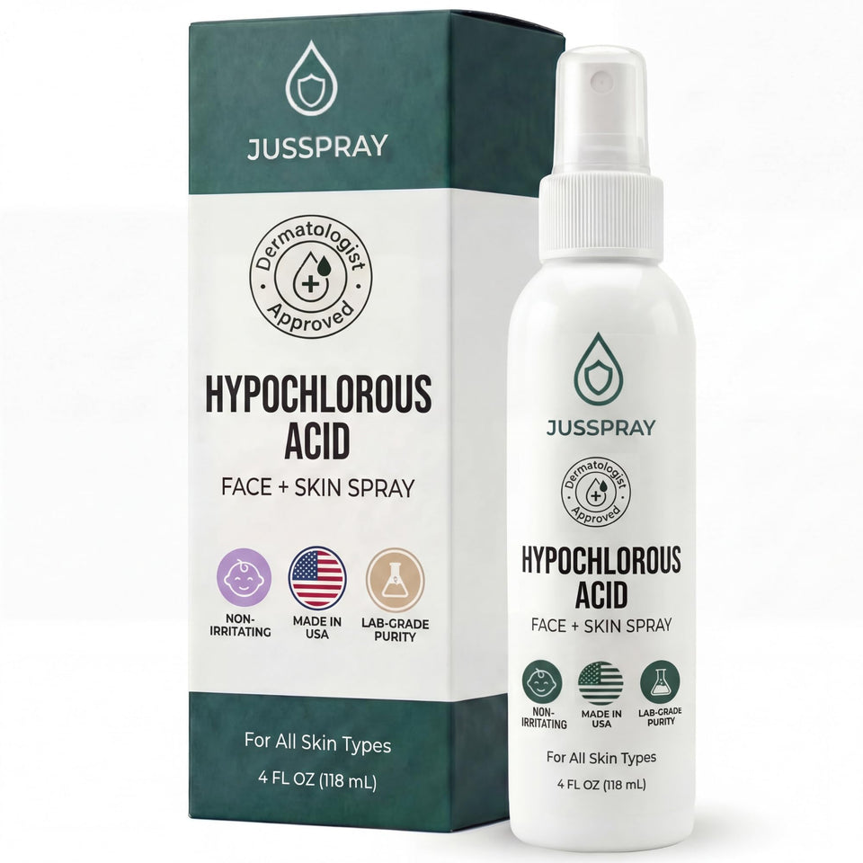 Jusspray front packaging showing 4 oz bottle and clear label, promoting convenience