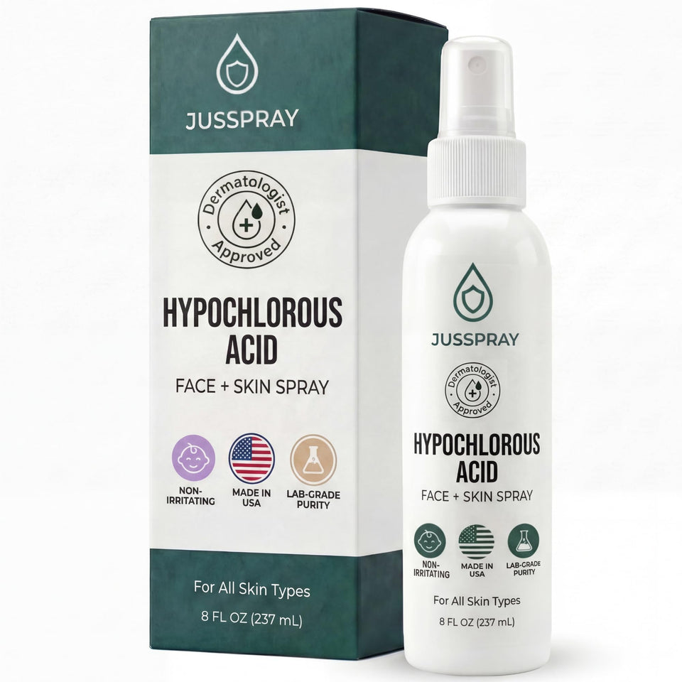 Jusspray front packaging showing bottle and clear label for gentle cleansing