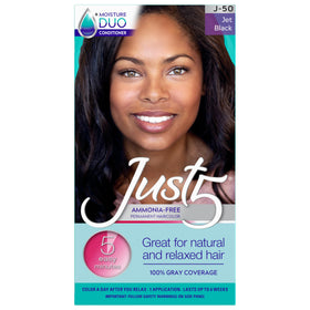Just 5 front packaging showing Jet Black shade and product benefits