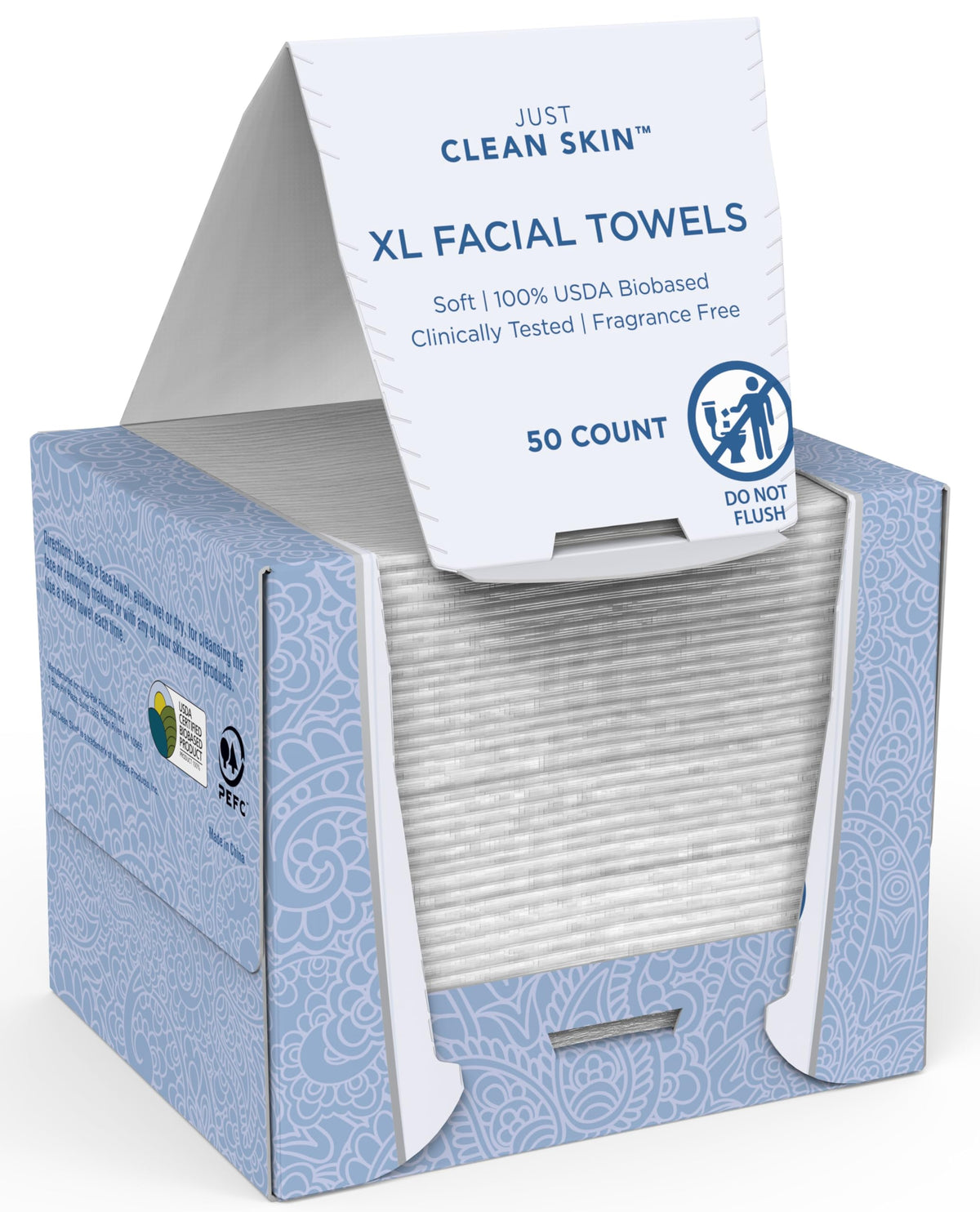 Just Clean Skin front packaging showing XL 50-count and benefits