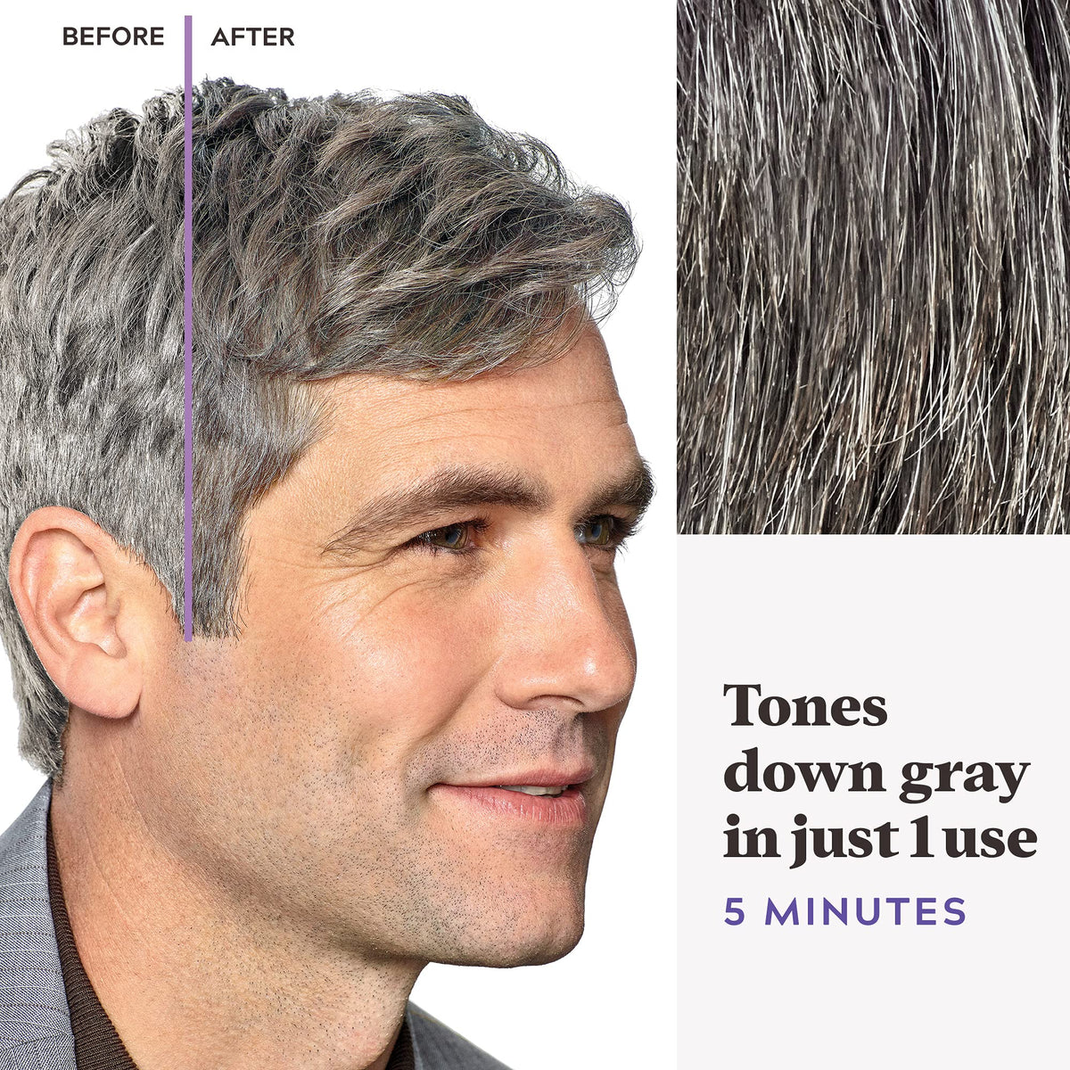 Just For Men application in use on a man showing quick five-minute results